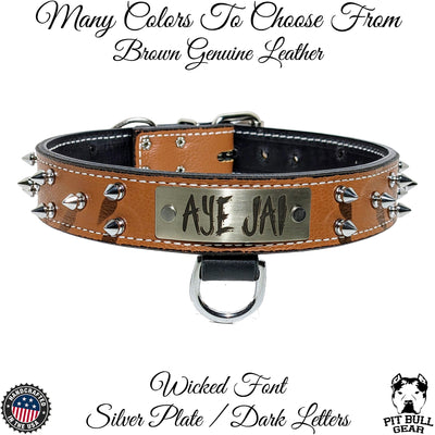 N14 - 1.5" Wide Spiked Leather Dog Collar Personalized Name Plate