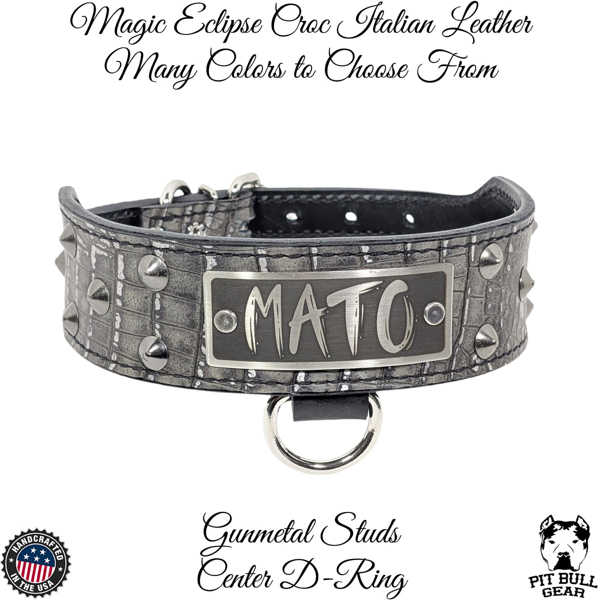 Dog collar with 'Mato' engraving, gunmetal studs, and center D-ring on a white background.