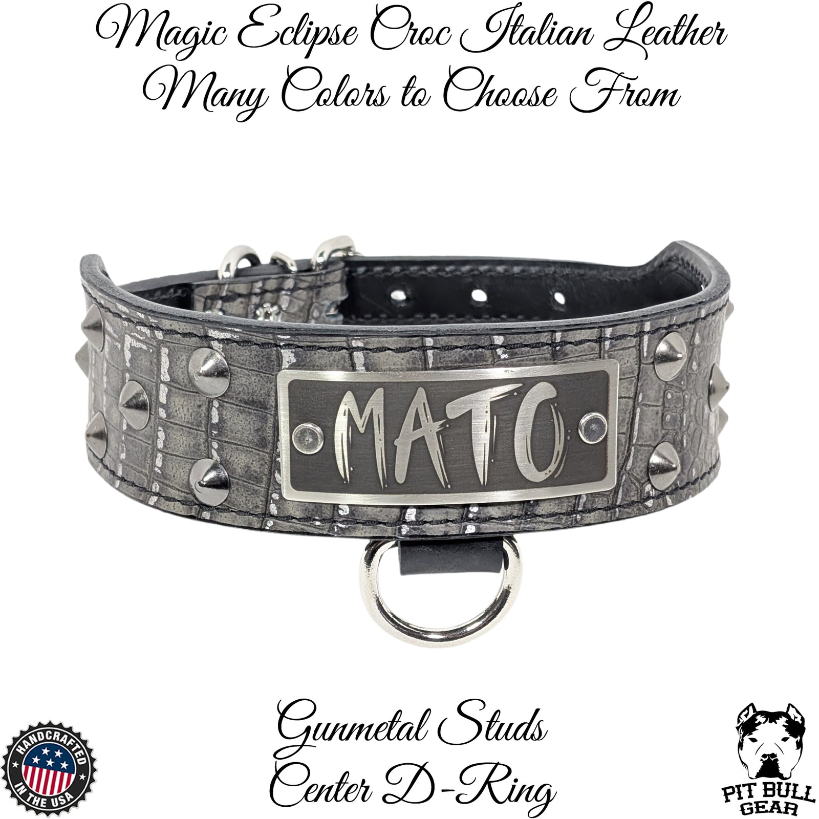 Dog collar with 'Mato' engraving, gunmetal studs, and center D-ring on a white background.