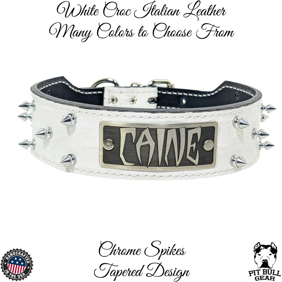 N6 - 2" Wide Personalized Tapered Leather Dog Collar with Spikes