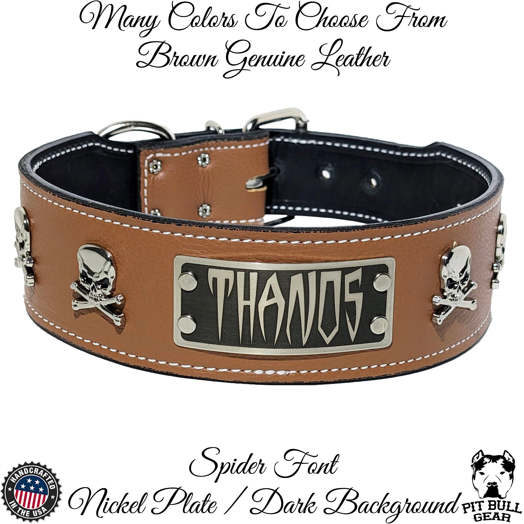 NJ13 - 2.5" Wide Personalized Leather Dog Collar with Skull & Crossbones