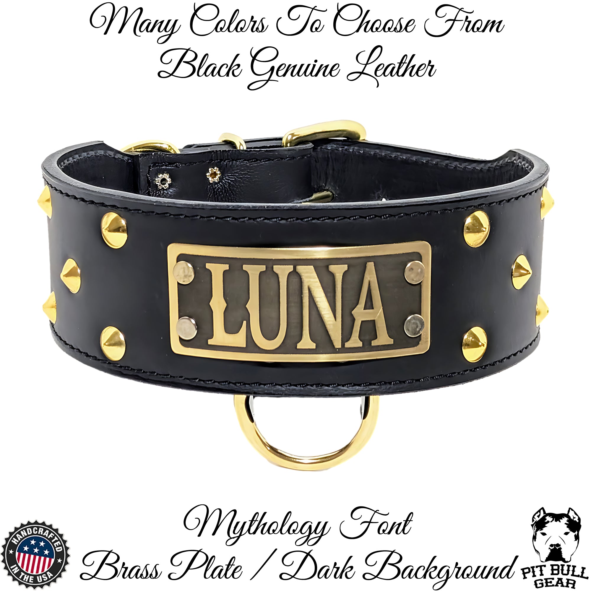 NJ4 - Collar de cuero para perros de 2,5" con tachuelas cónicas y placa con nombre