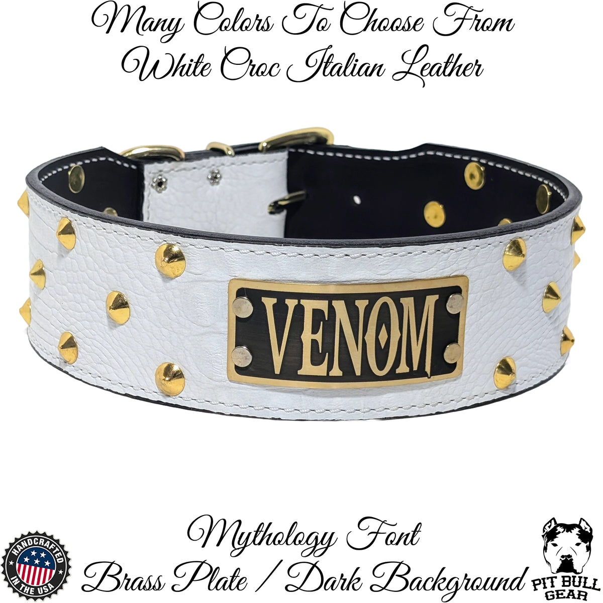 NJ4 - Collar de cuero para perros de 2,5" con tachuelas cónicas y placa con nombre