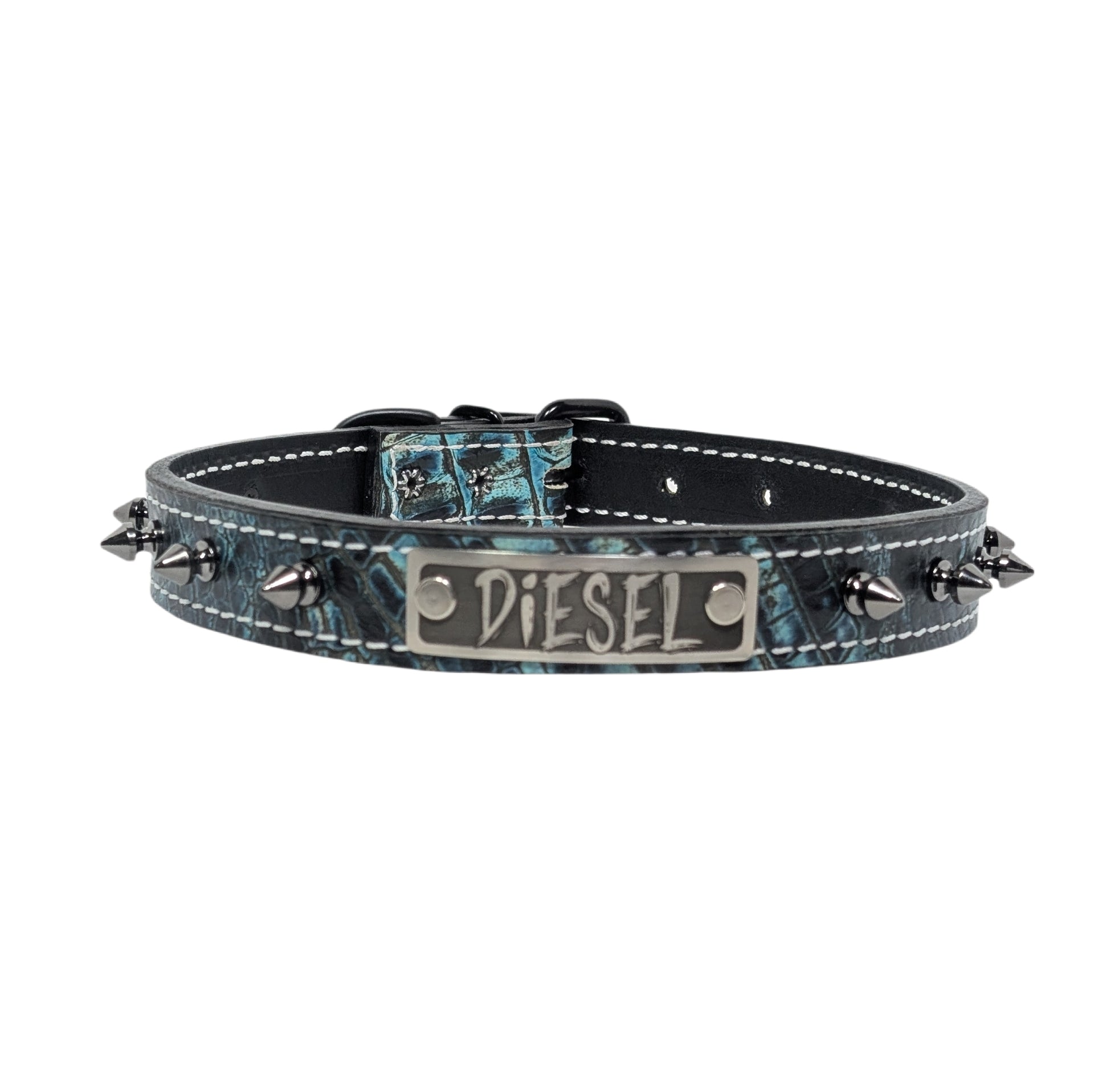 NU19 - 1" Wide Leather Spiked Dog Collar with Name Plate