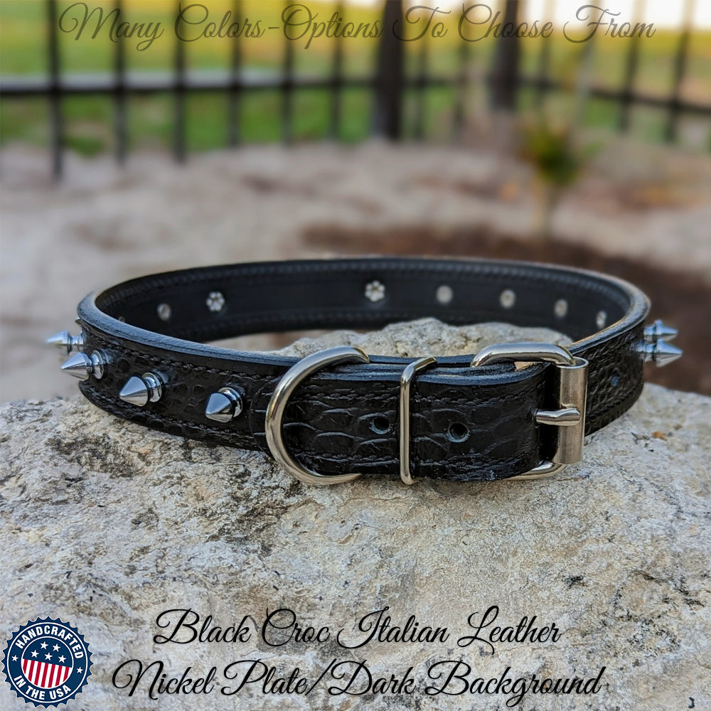 NU19 - 1" Wide Leather Spiked Dog Collar with Name Plate