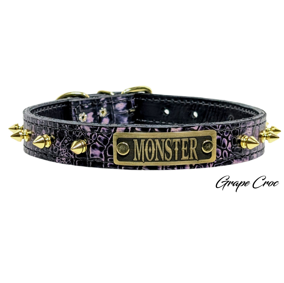 NU19 - 1" Wide Leather Spiked Dog Collar with Name Plate