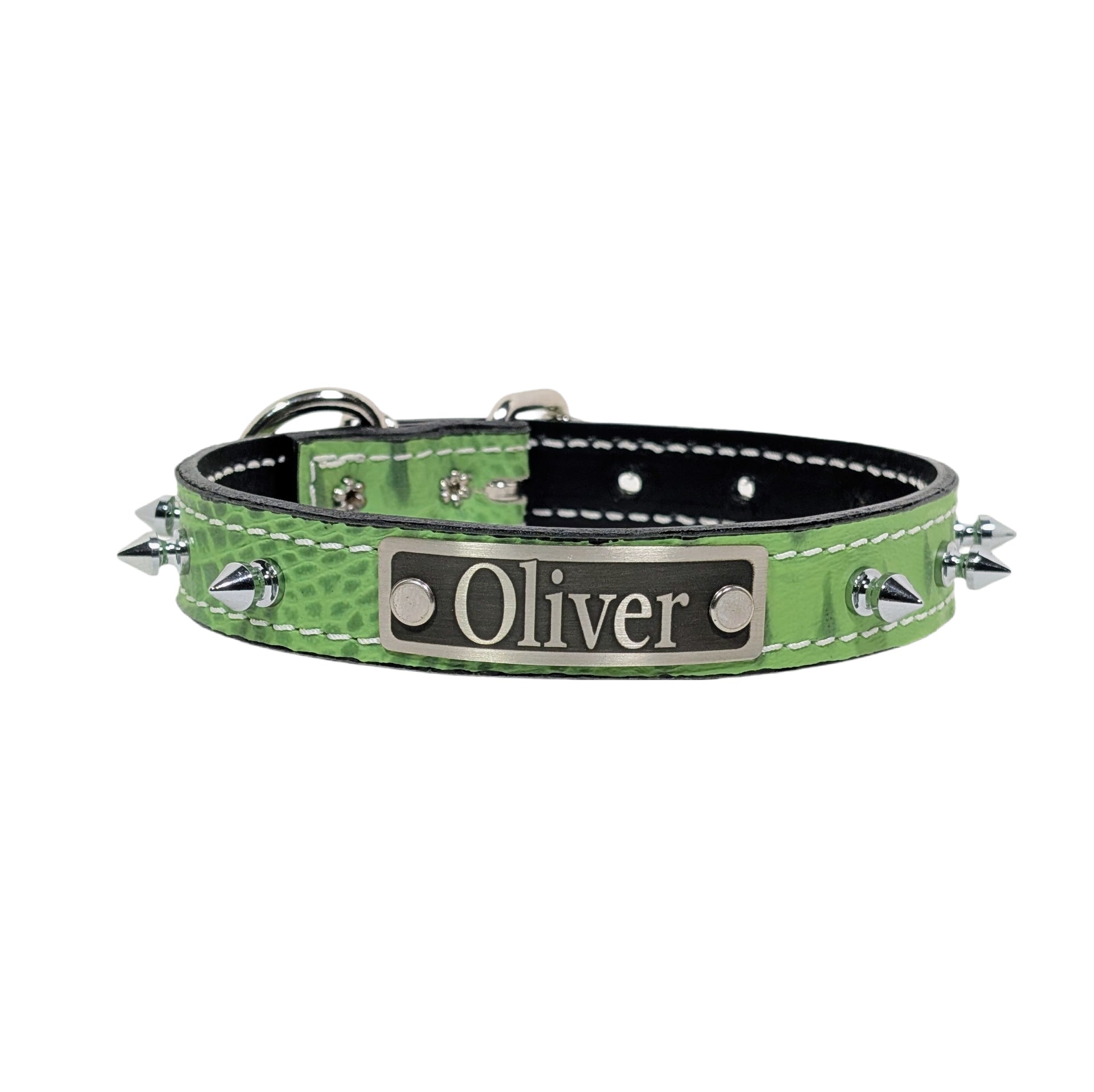 NU19 - 1" Wide Leather Spiked Dog Collar with Name Plate