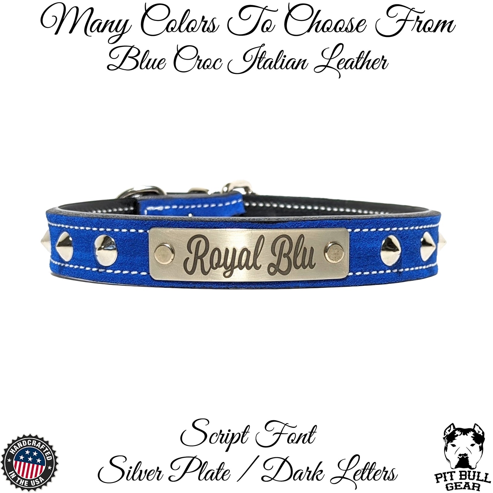 NU3 - Custom 1" Wide Personalized Italian Leather Dog Collar with Cone Studs & Engraved Name Plate