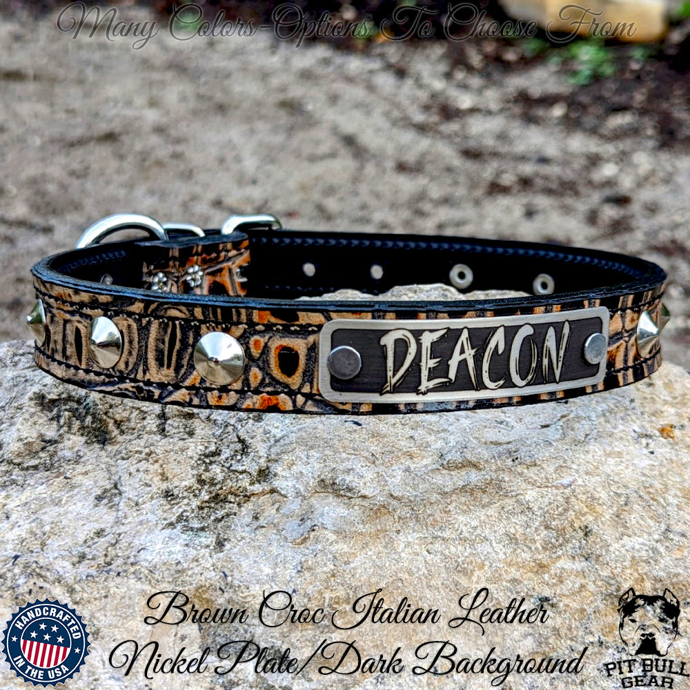 NU3 - Custom 1" Wide Personalized Italian Leather Dog Collar with Cone Studs & Engraved Name Plate