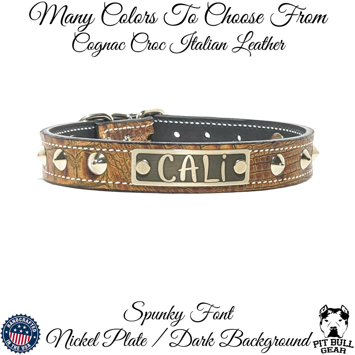 NU3 - Custom 1" Wide Personalized Italian Leather Dog Collar with Cone Studs & Engraved Name Plate