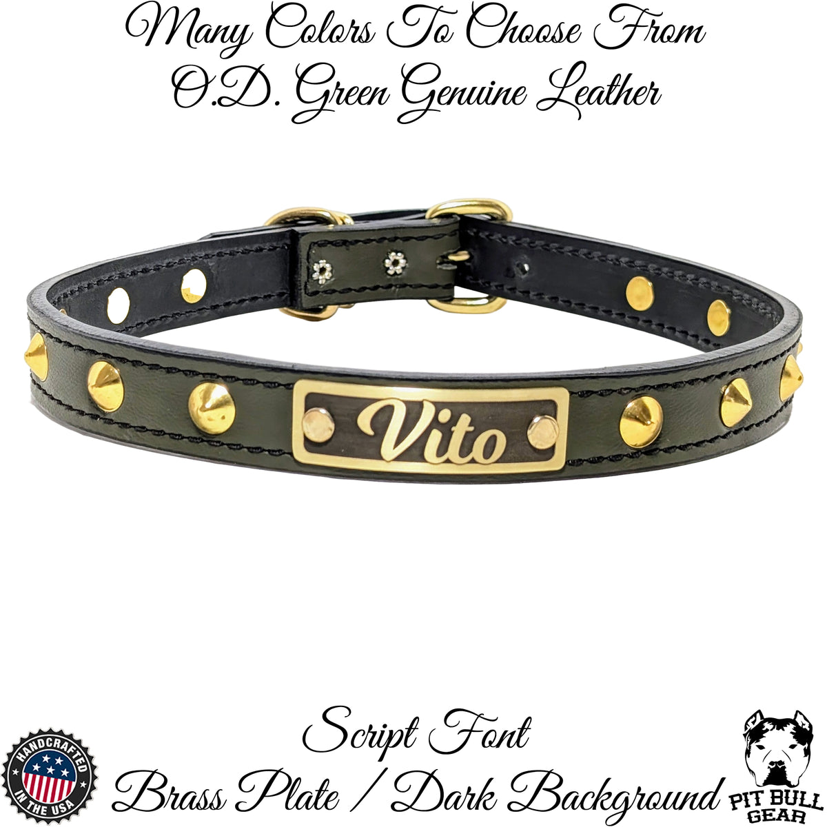 NU3 - Custom 1" Wide Personalized Italian Leather Dog Collar with Cone Studs & Engraved Name Plate