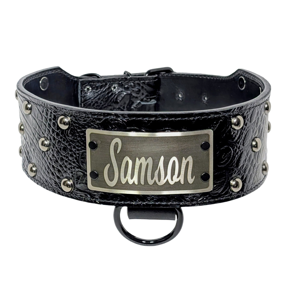 Black leather dog collar with &#39;Samson&#39; nameplate on a white background
