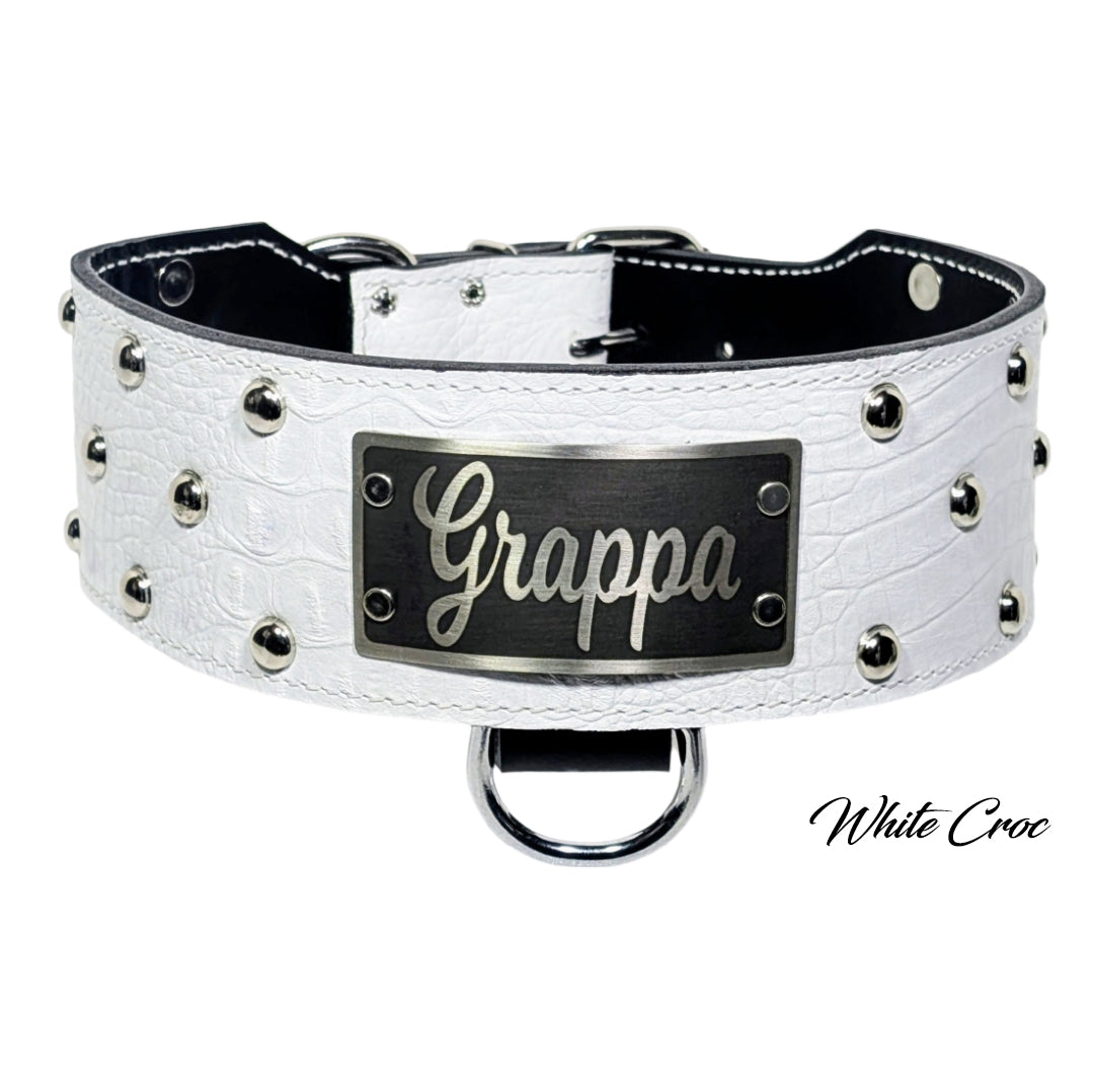 White leather dog collar with &#39;Grappa&#39; engraving on a white background
