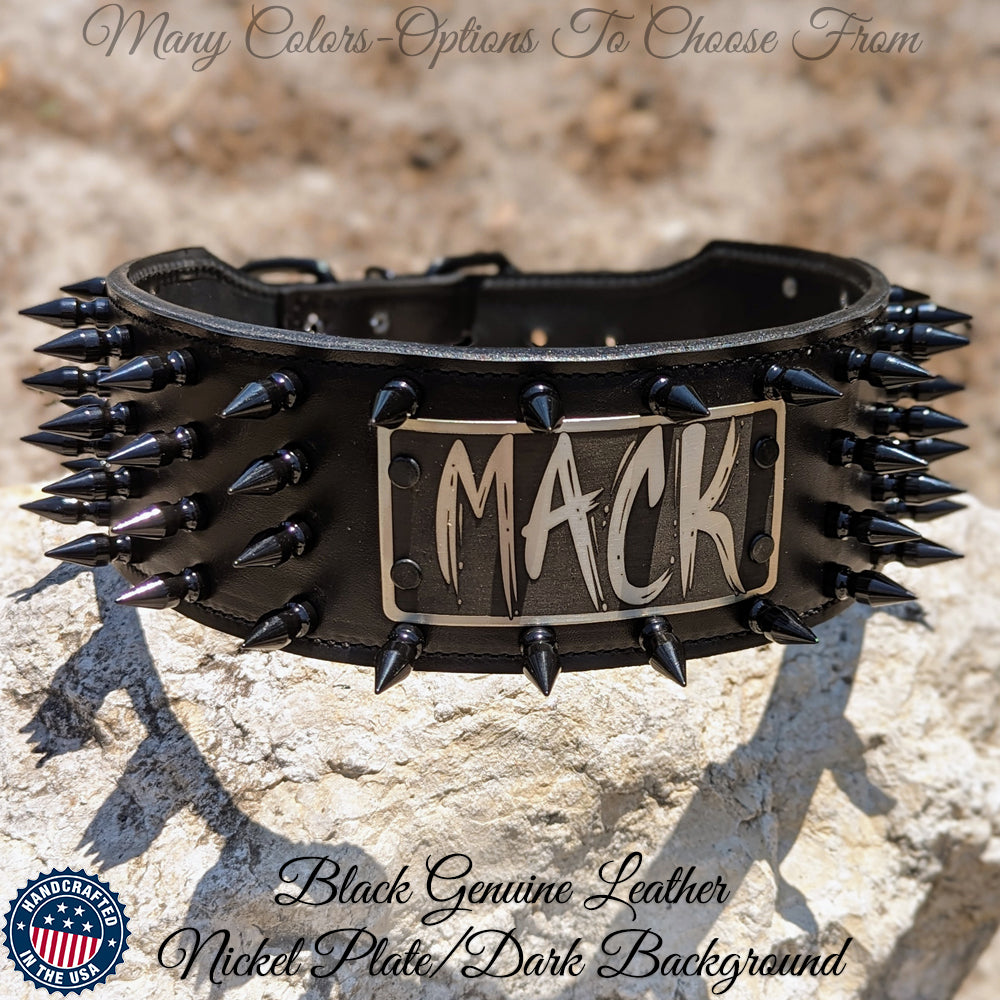 NX8 - Collar de cuero con pinchos para perros de 3" de ancho y placa con nombre