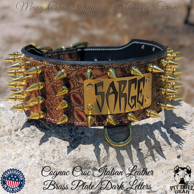 Spiked Leather Dog Collar Personalized Name Plate 1.5 Wide - N16 - Pit  Bull Gear