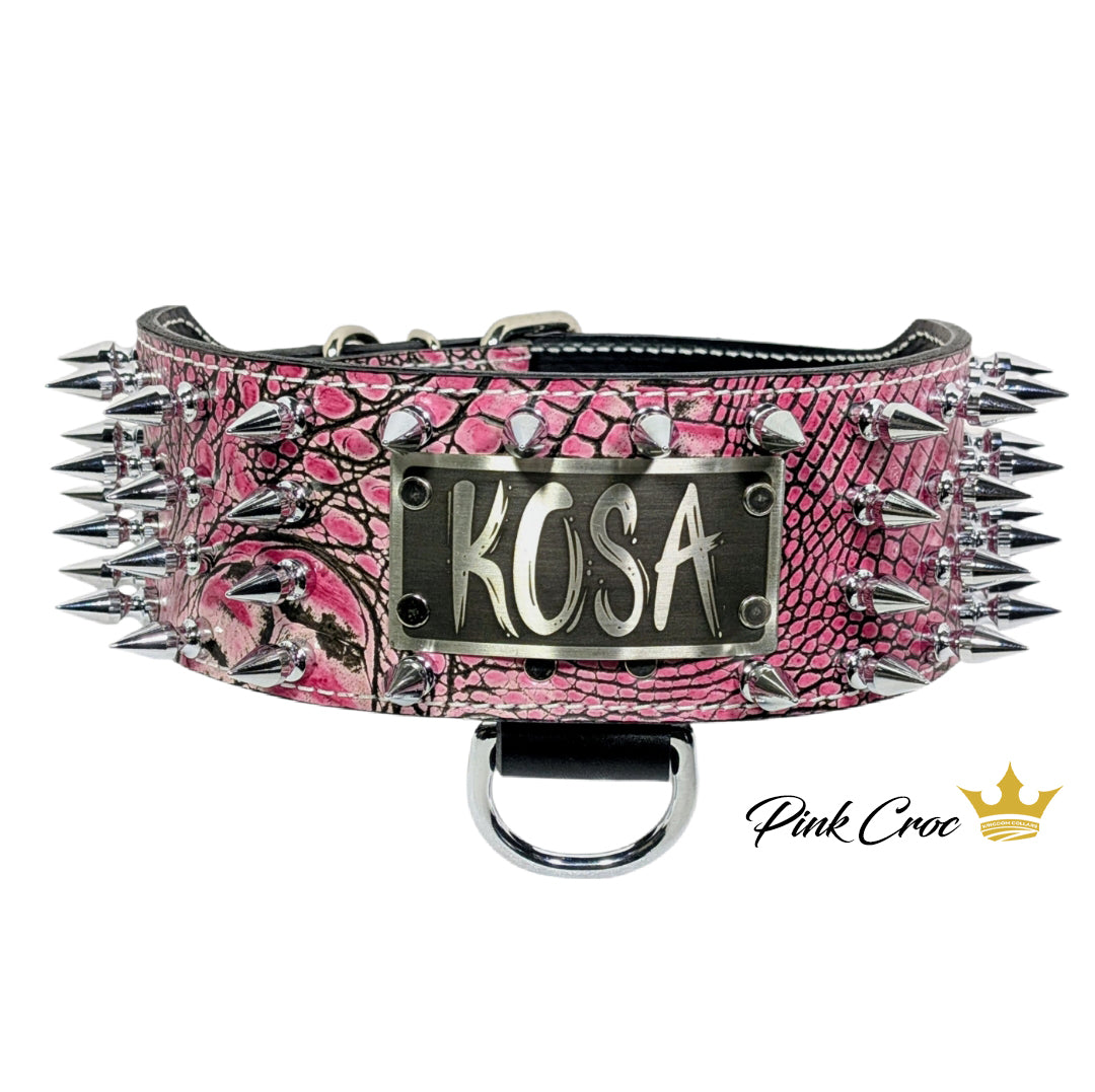 NX8 - Coleira de cachorro de couro com placa de identificação personalizada de 3"