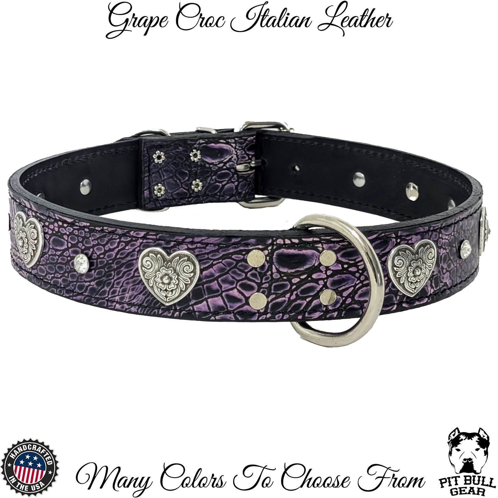 V28 - Collar de cuero con corazones y gemas de 1 1/2"