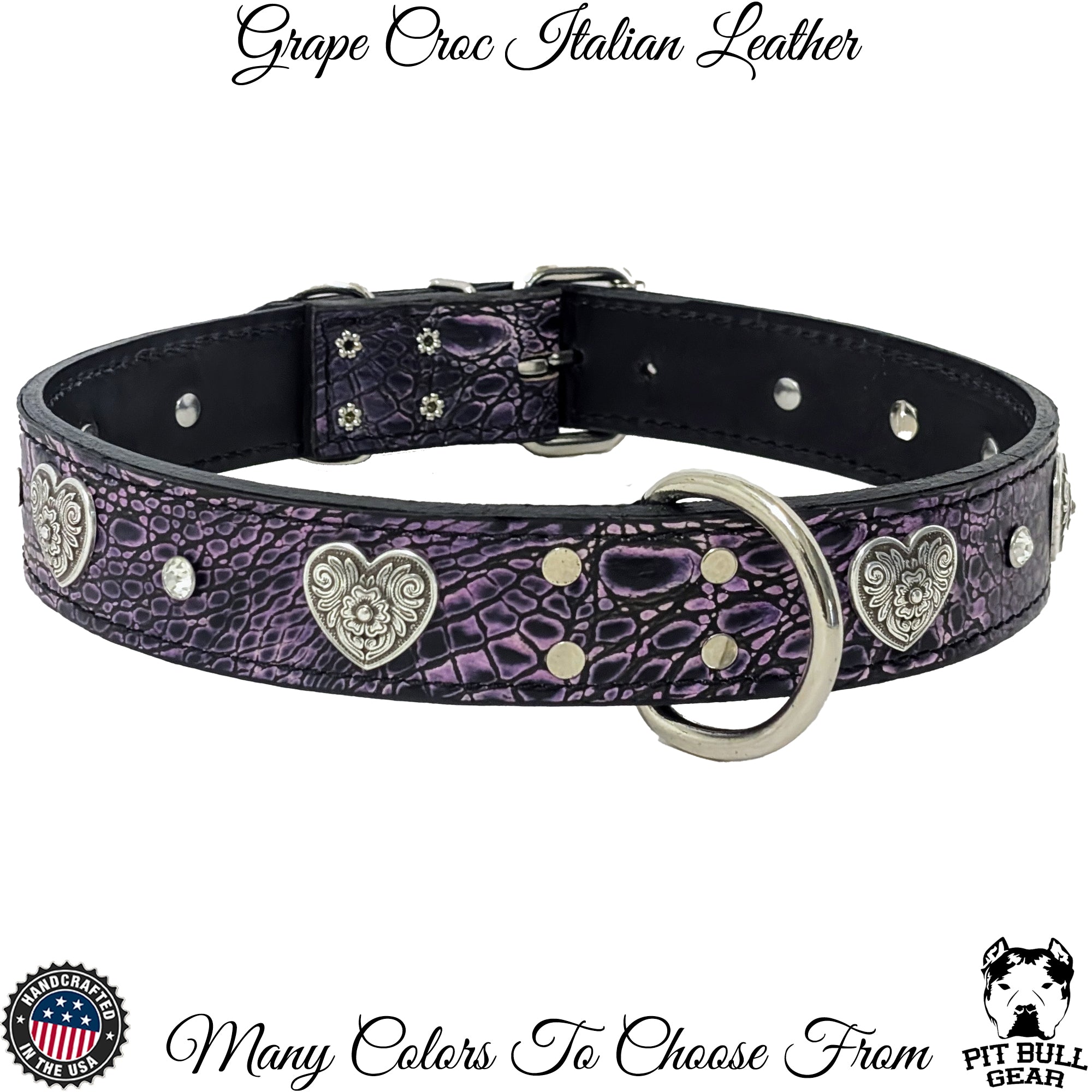V28 - Collar de cuero con corazones y gemas de 1 1/2"