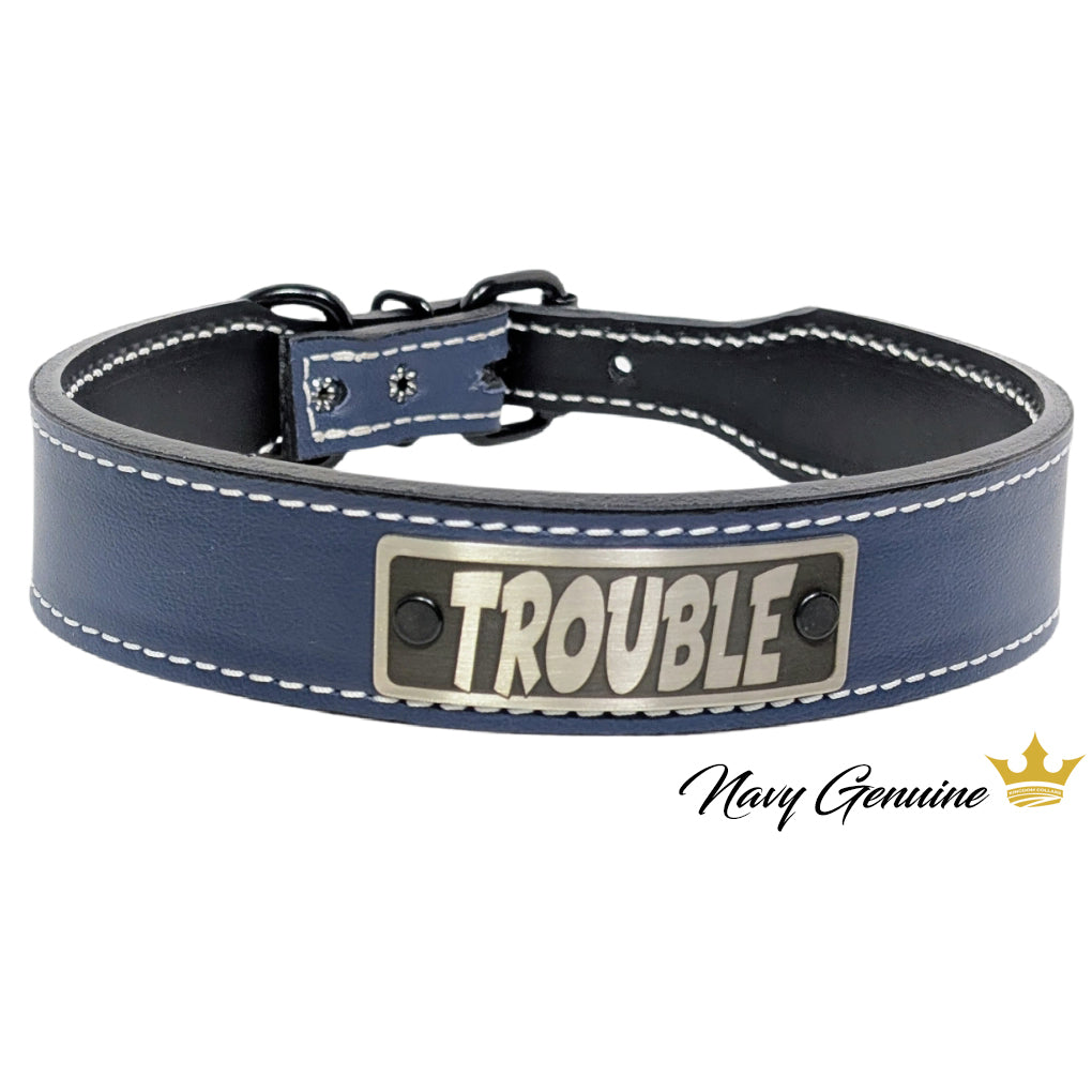 Blue leather dog collar with 'TROUBLE' tag on a white background