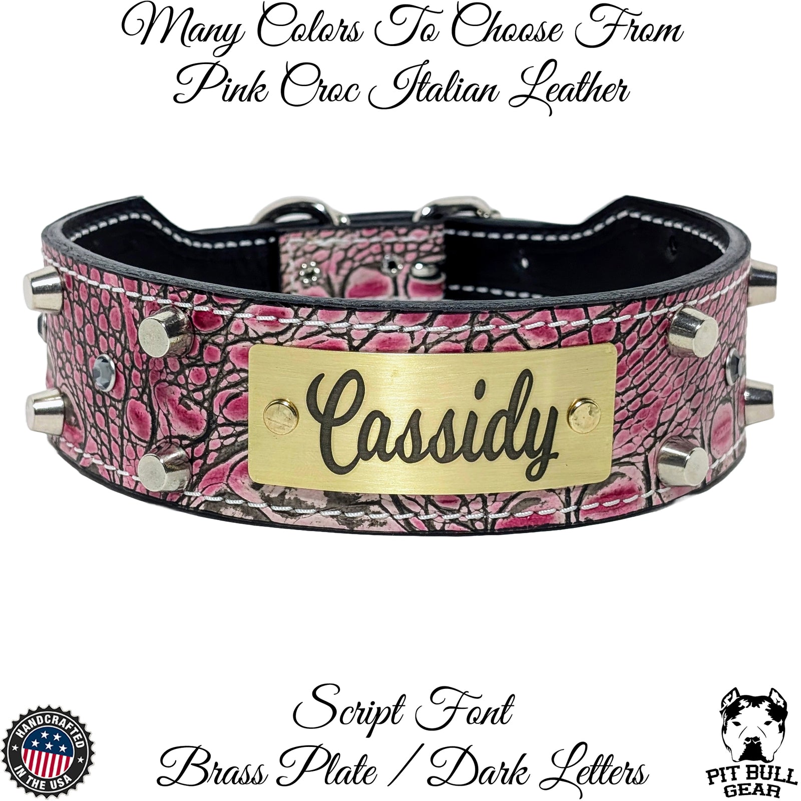 TW1 - Collar de cuero cónico para perro con placa de identificación personalizada de 2" con tachuelas y gemas