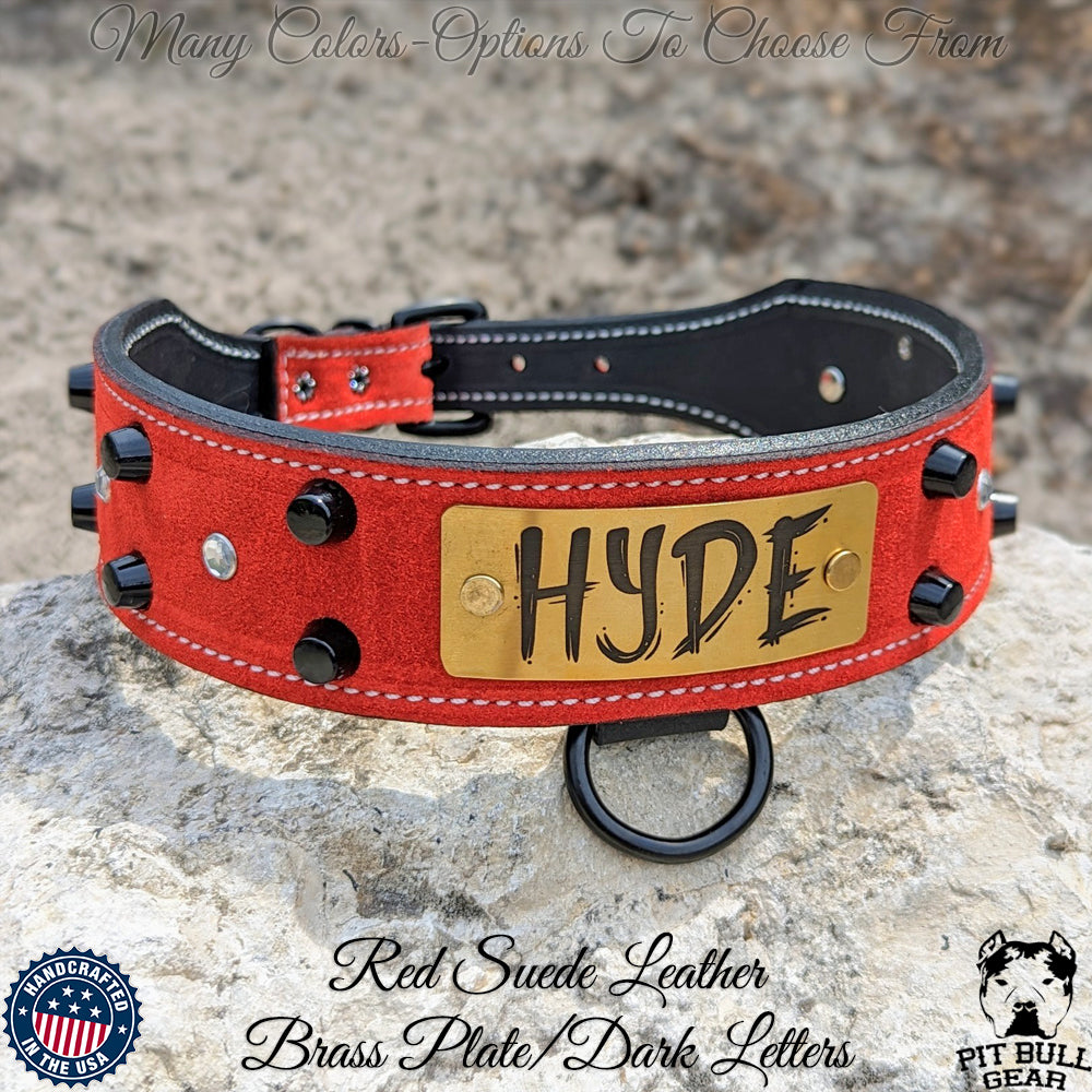 TW1 - 2" Personalized Name Plate Tapered Leather Dog Collar with Studs & Gems