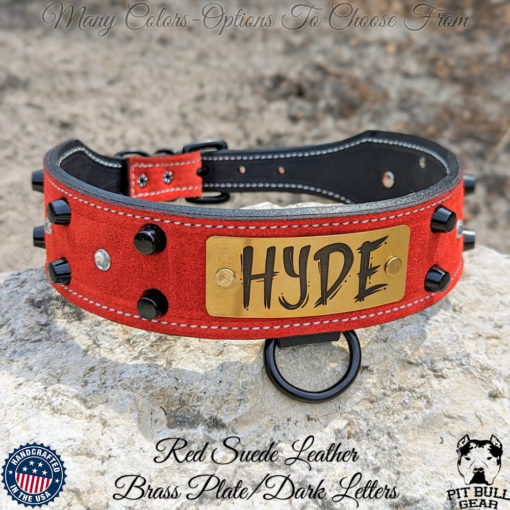 Personalized Studs & Gems Leather Dog Collar - 2 Wide - Pit Bull Gear