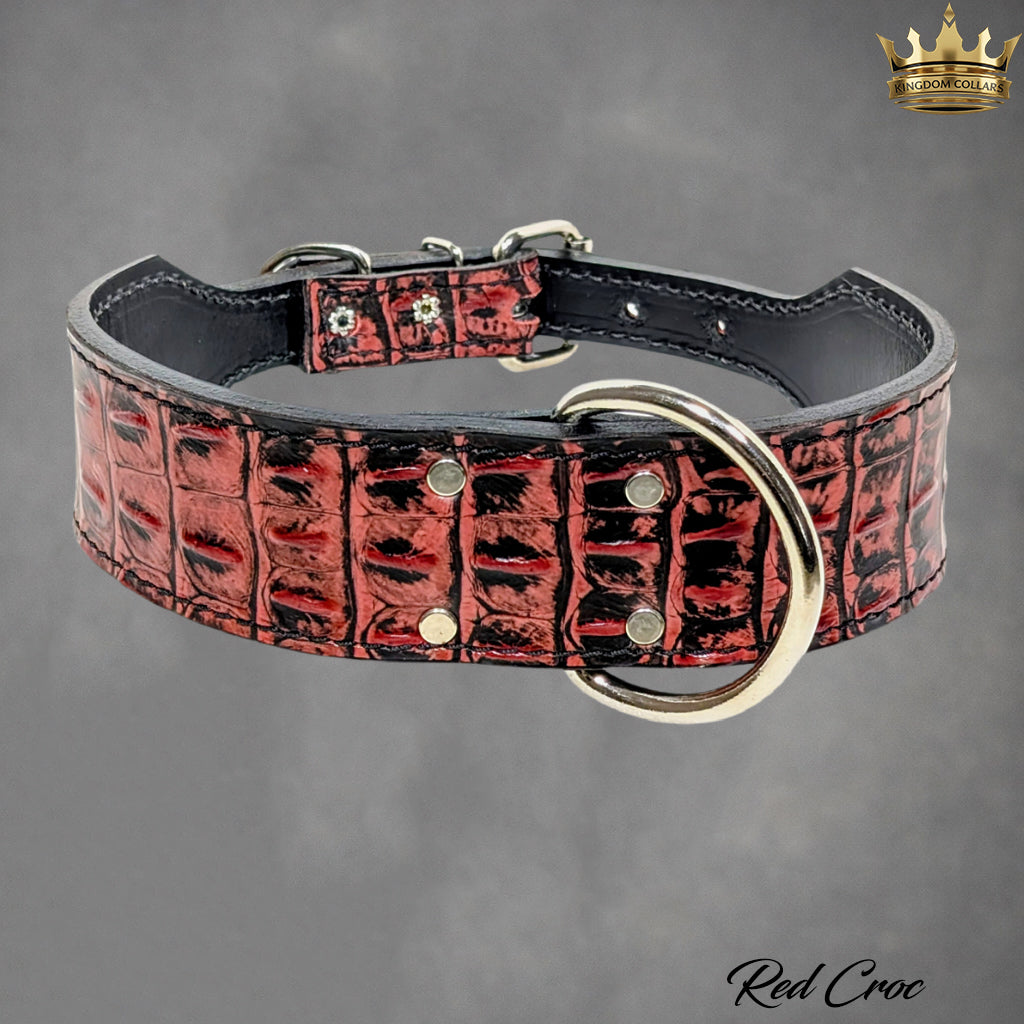 Red crocodile patterned dog collar with black leather trim on a gray background