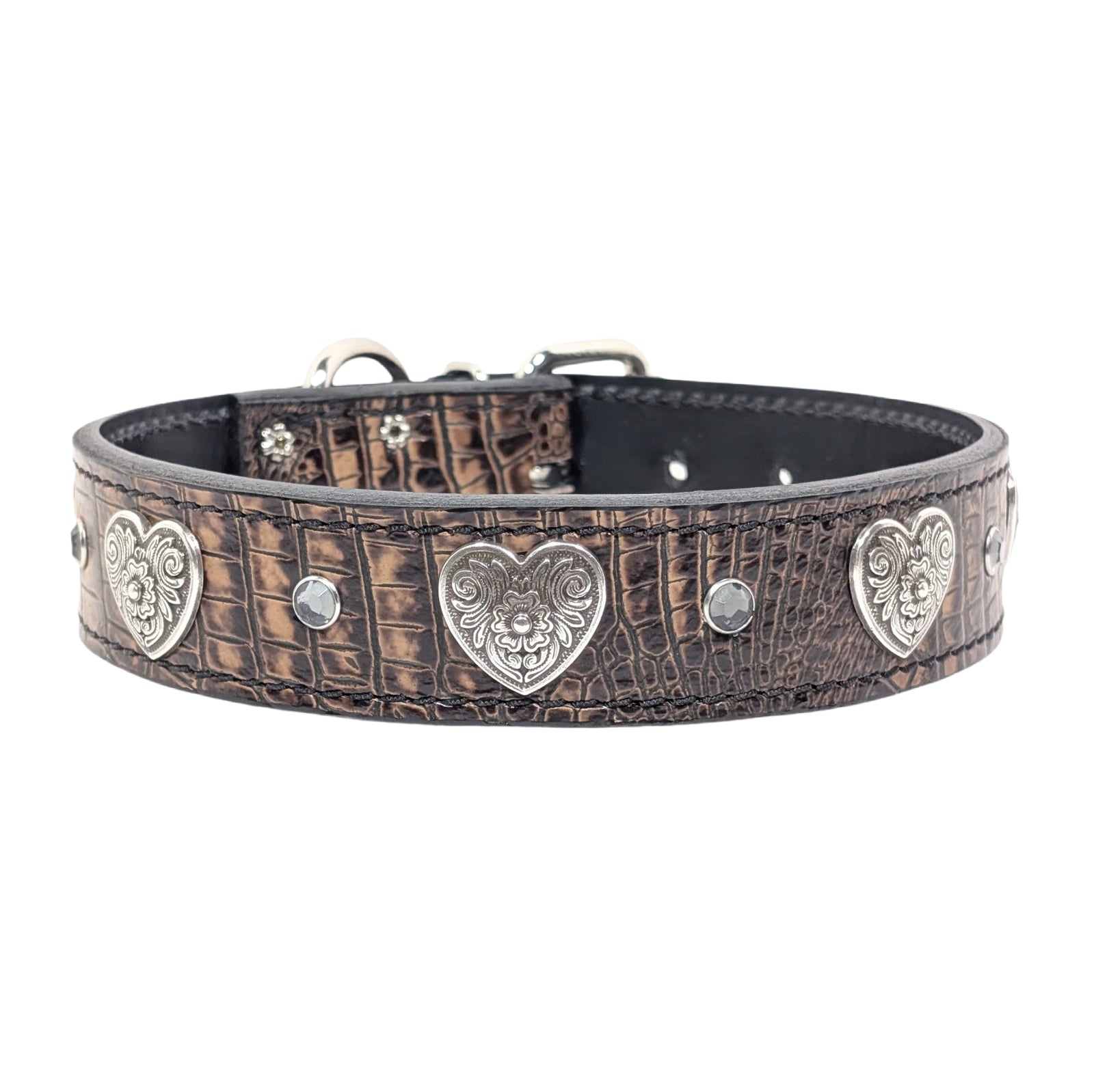V28 - 1.5" Wide Leather Dog Collar with Diablo Heart Conchos & Crystal Gems
