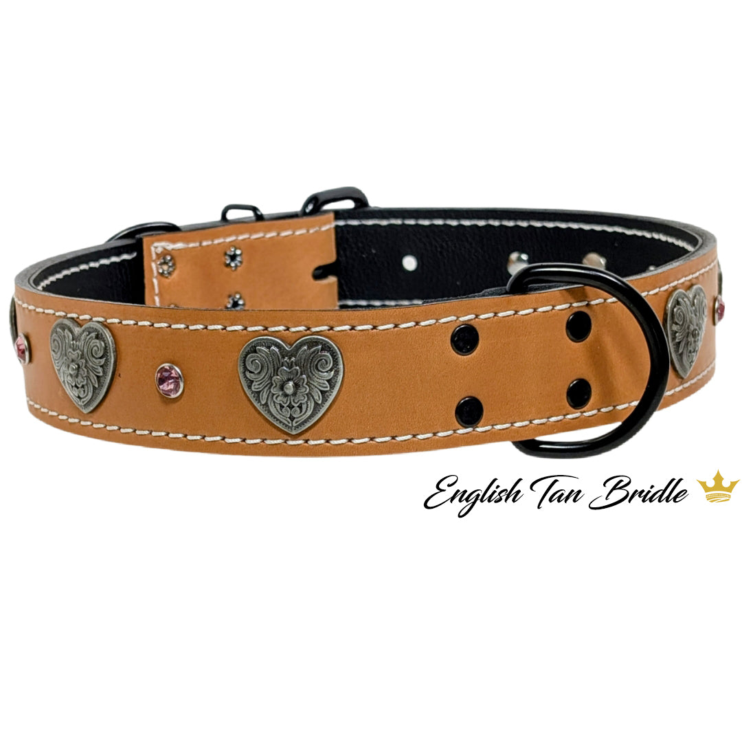 V28 - 1.5" Wide Leather Dog Collar with Diablo Heart Conchos & Crystal Gems