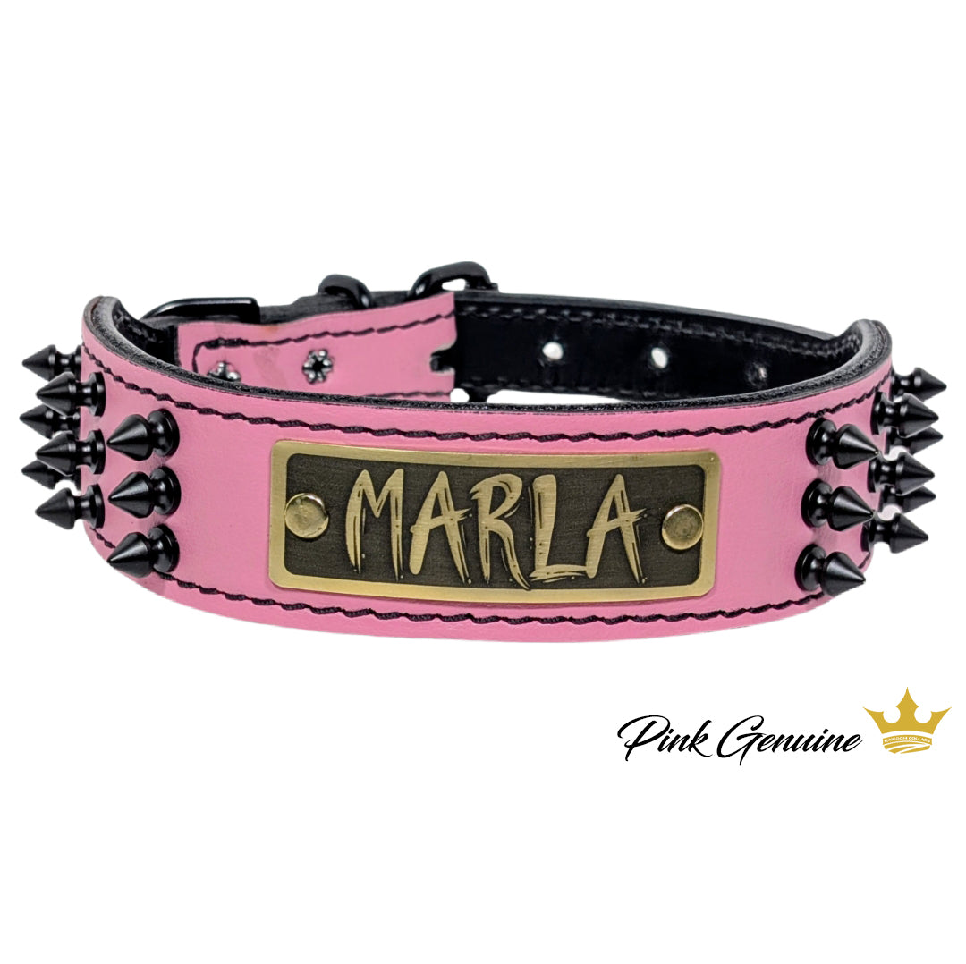 Pink leather dog collar with black spikes and a gold nameplate on a white background.