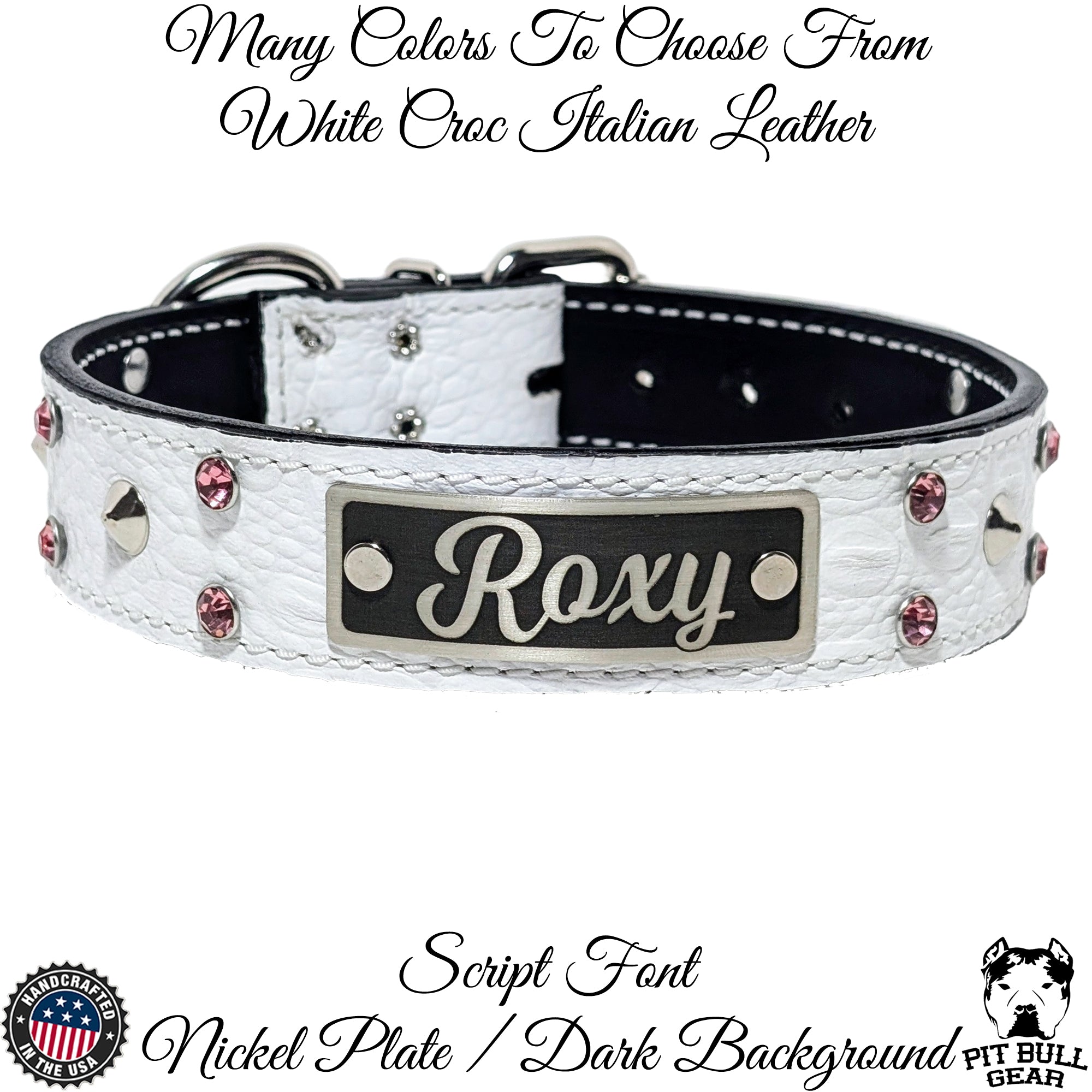 V36 - Collar de cuero para perro de 1,5" con placa con nombre, tachuelas y gemas