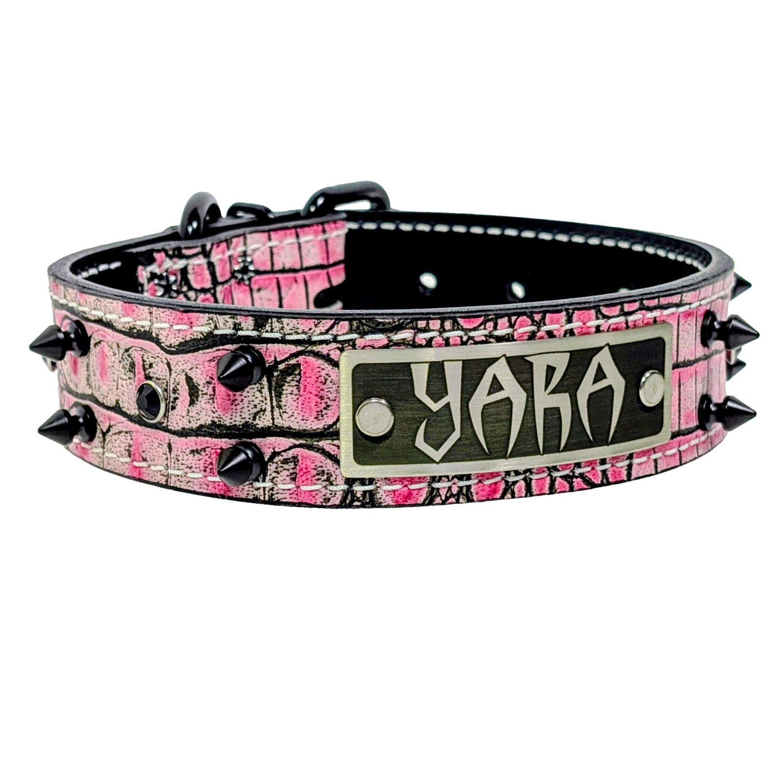V3 - 1.5" Wide Leather Dog Collar – Tree Spikes, Crystal Gems & Engraved Name Plate