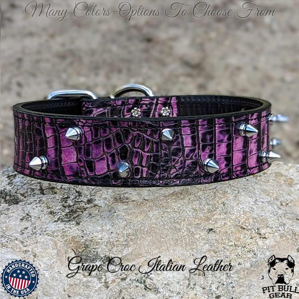 V5 - Custom 1.5" Wide Italian Leather Dog Collar with 1/2" Tree Spikes