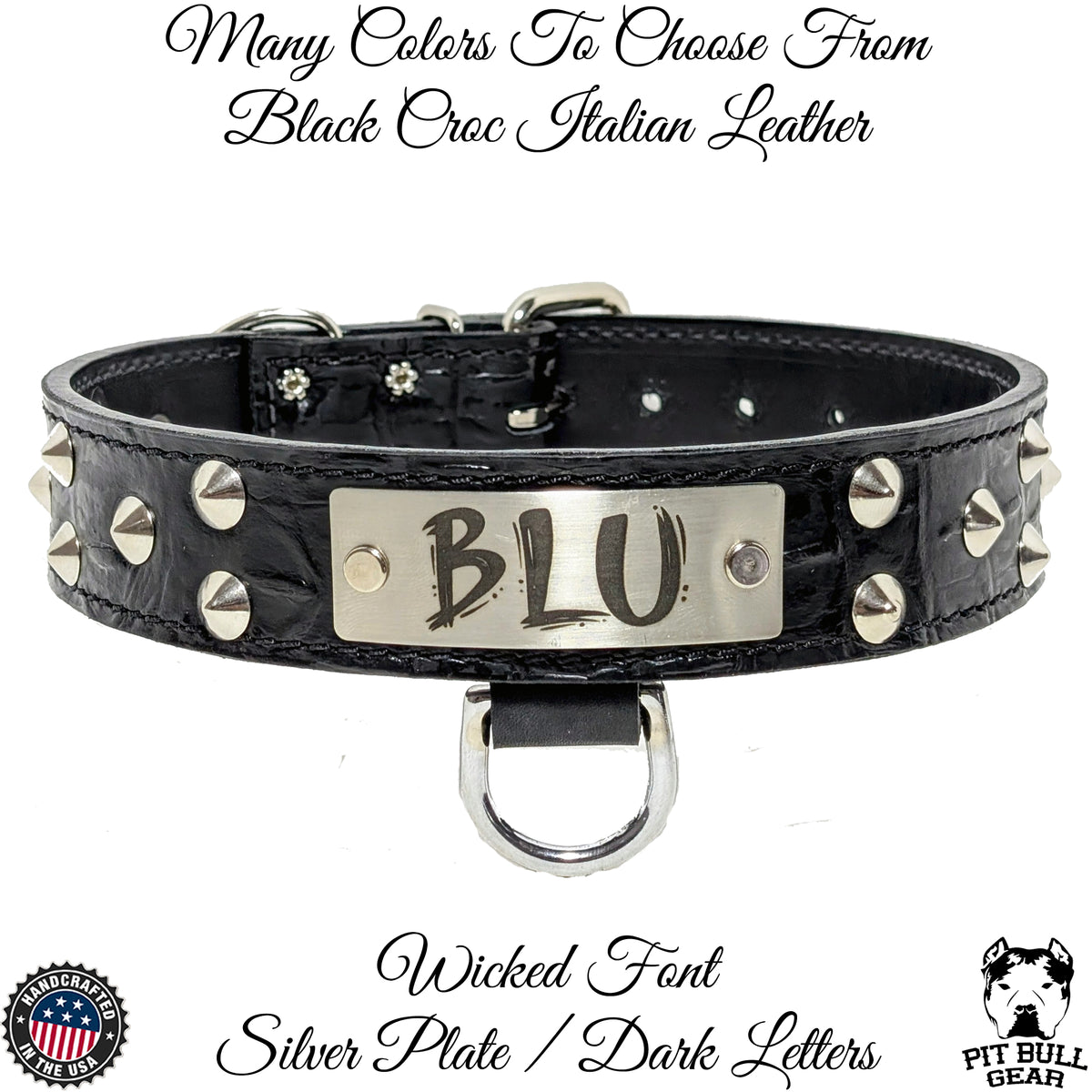 VN1 - Collar de cuero para perros de 1,5" de ancho con placa de identificación y tachuelas cónicas
