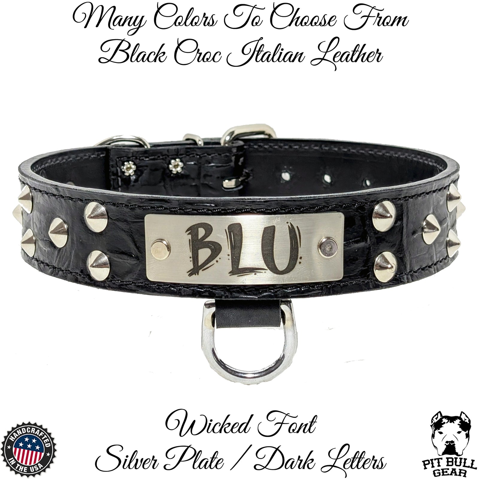 VN1 - Collar de cuero para perros de 1,5" de ancho con placa de identificación y tachuelas cónicas