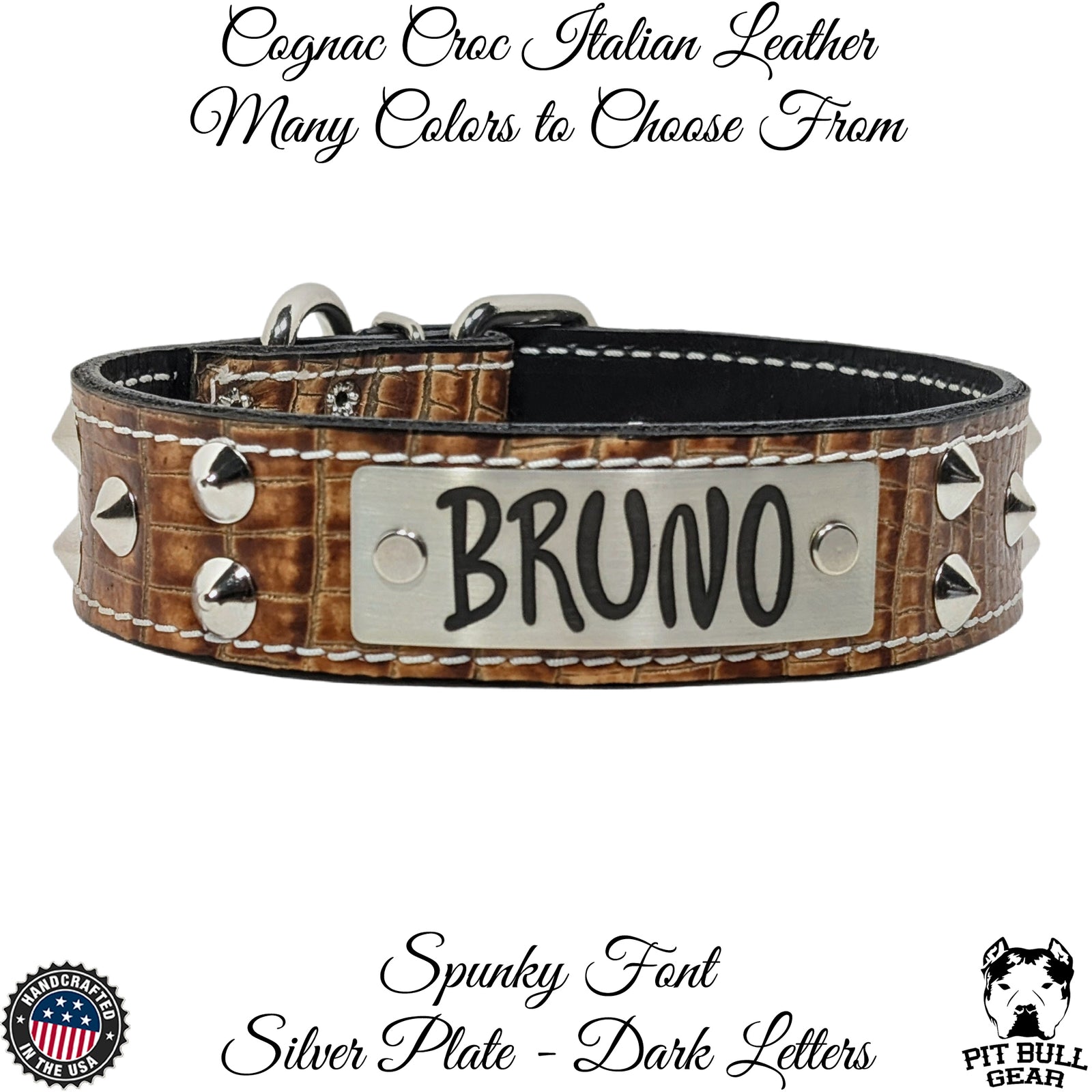 VN1 - Collar de cuero para perros de 1,5" de ancho con placa de identificación y tachuelas cónicas