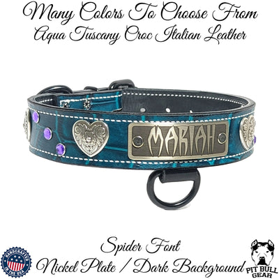 Leather Dog Collar with Name Plate, Gems & Hearts 1.5" Wide - VN2