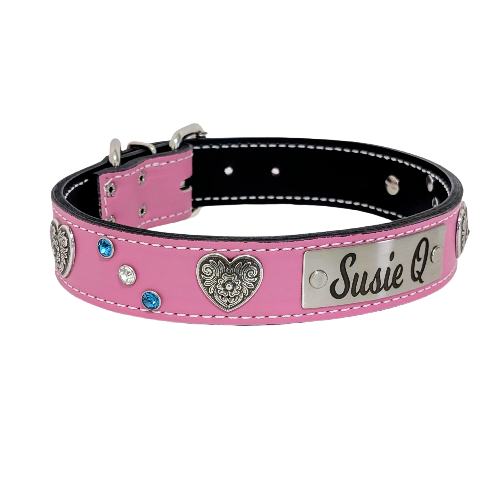 VN2 - 1.5" Wide Leather Dog Collar with Name Plate, Gems & Hearts