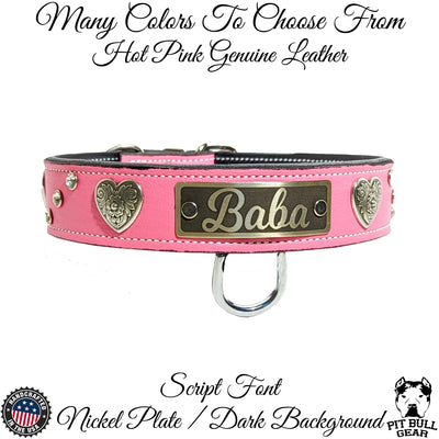 Leather Dog Collar with Name Plate, Gems & Hearts 1.5" Wide - VN2