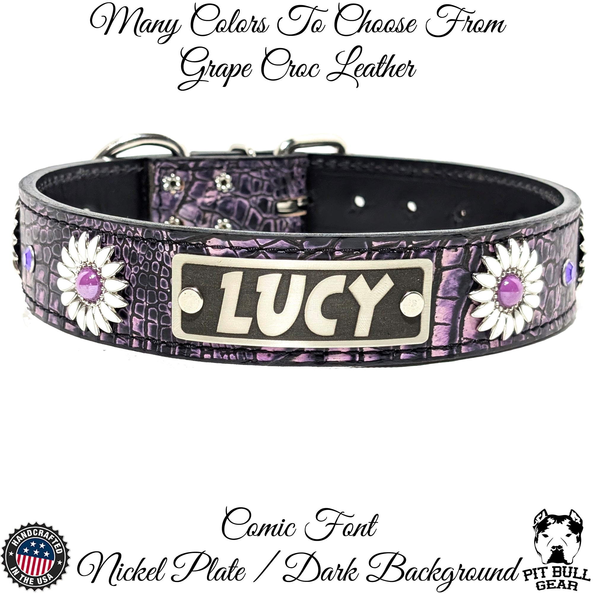 VN4 - Collar de cuero para perro de 1,5" de ancho con placa de identificación personalizada y margaritas