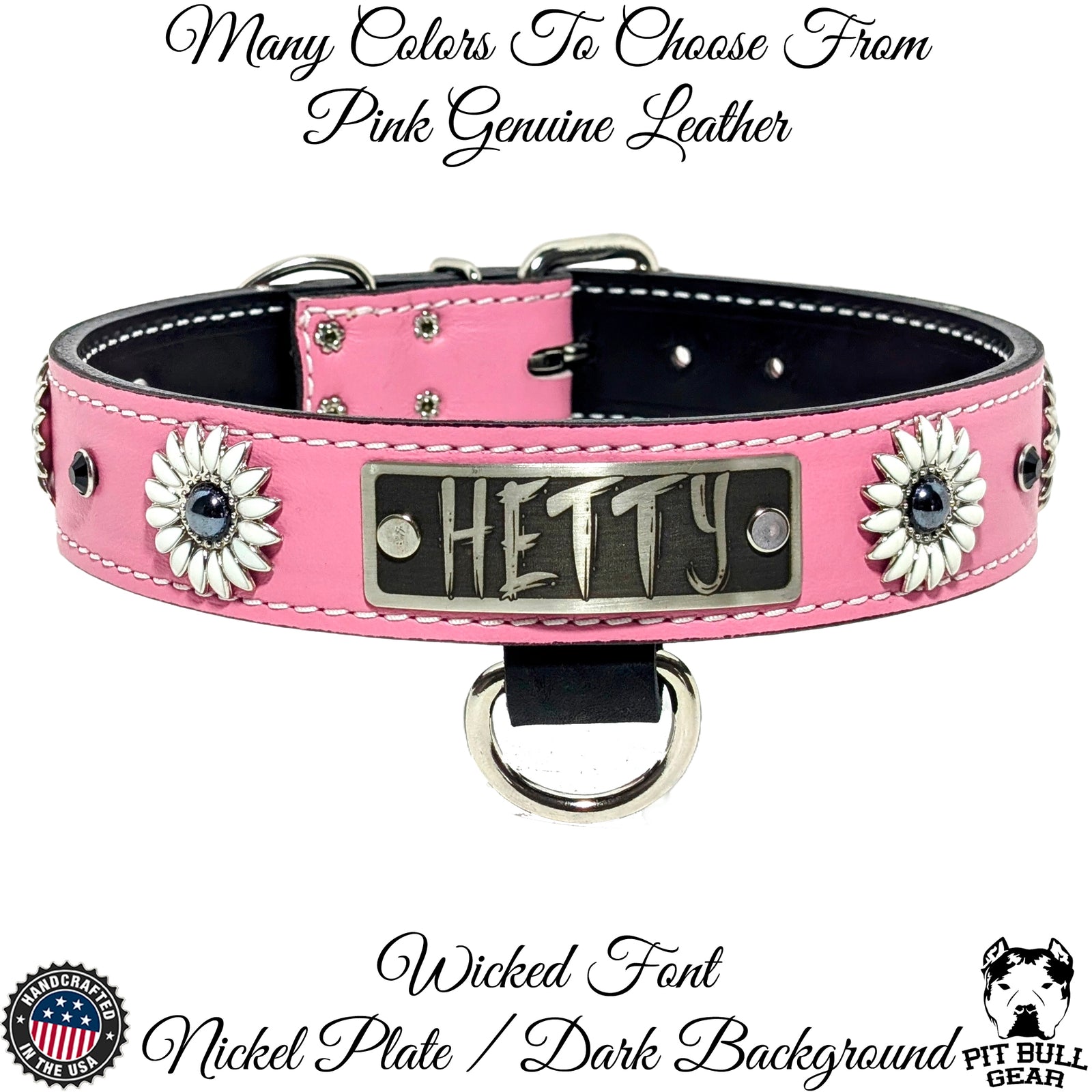 VN4 - 1.5" Wide Personalized Leather Dog Collar with Daisies & Gems