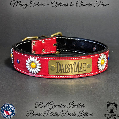 Leather Dog Collar Personalized Name Plate Daisies Gems 1.5" - VN4