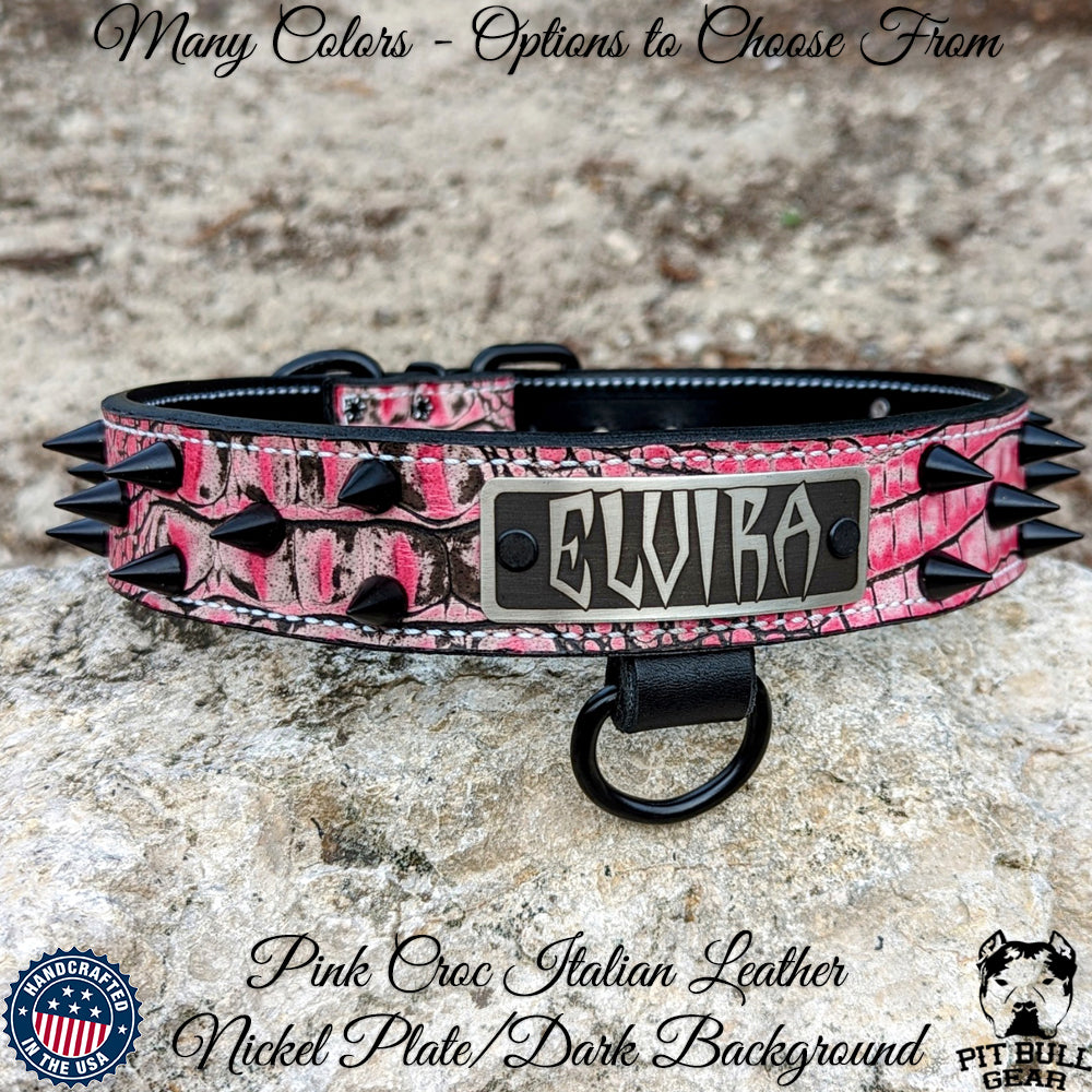 VN5 - 1 1/2" Colar de Couro Placa de Identificação com Cone Spikes