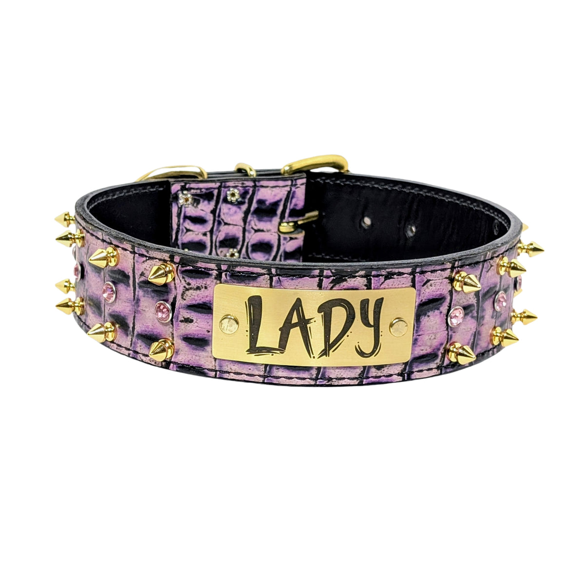 Purple leather dog collar with gold spikes and a &#39;LADY&#39; tag on a white background