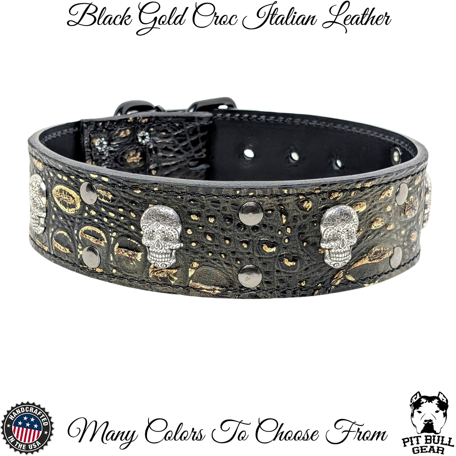 W21 - 2" Wide Leather Dog Collar with Sugar Skulls & Rivets