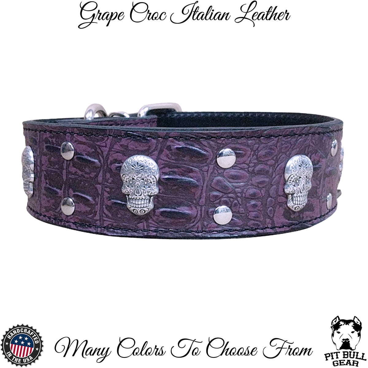 W21 - 2" Wide Leather Dog Collar with Sugar Skulls & Rivets
