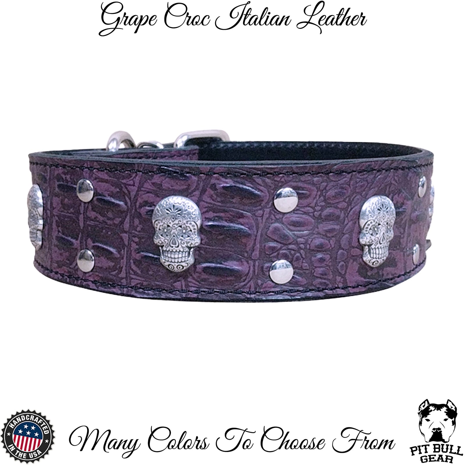 W21 - 2" Wide Leather Dog Collar with Sugar Skulls & Rivets