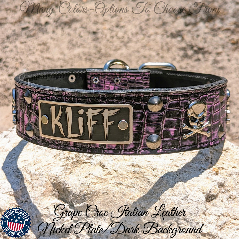 W27 - Personalized Leather Dog Collar w/ Skulls & Studs - 2"