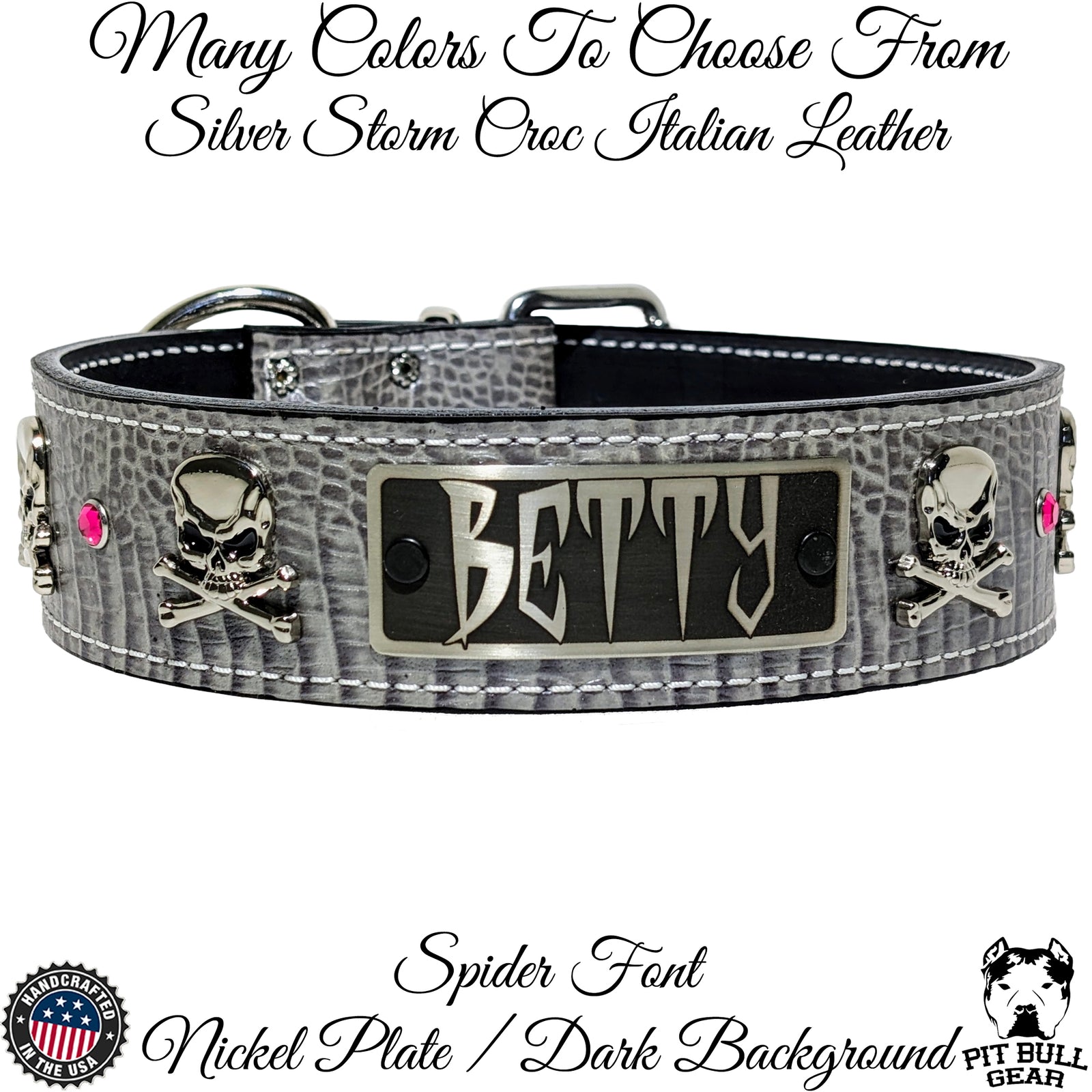 W33 - 2" Wide Leather Dog Collar with Skulls & Gems