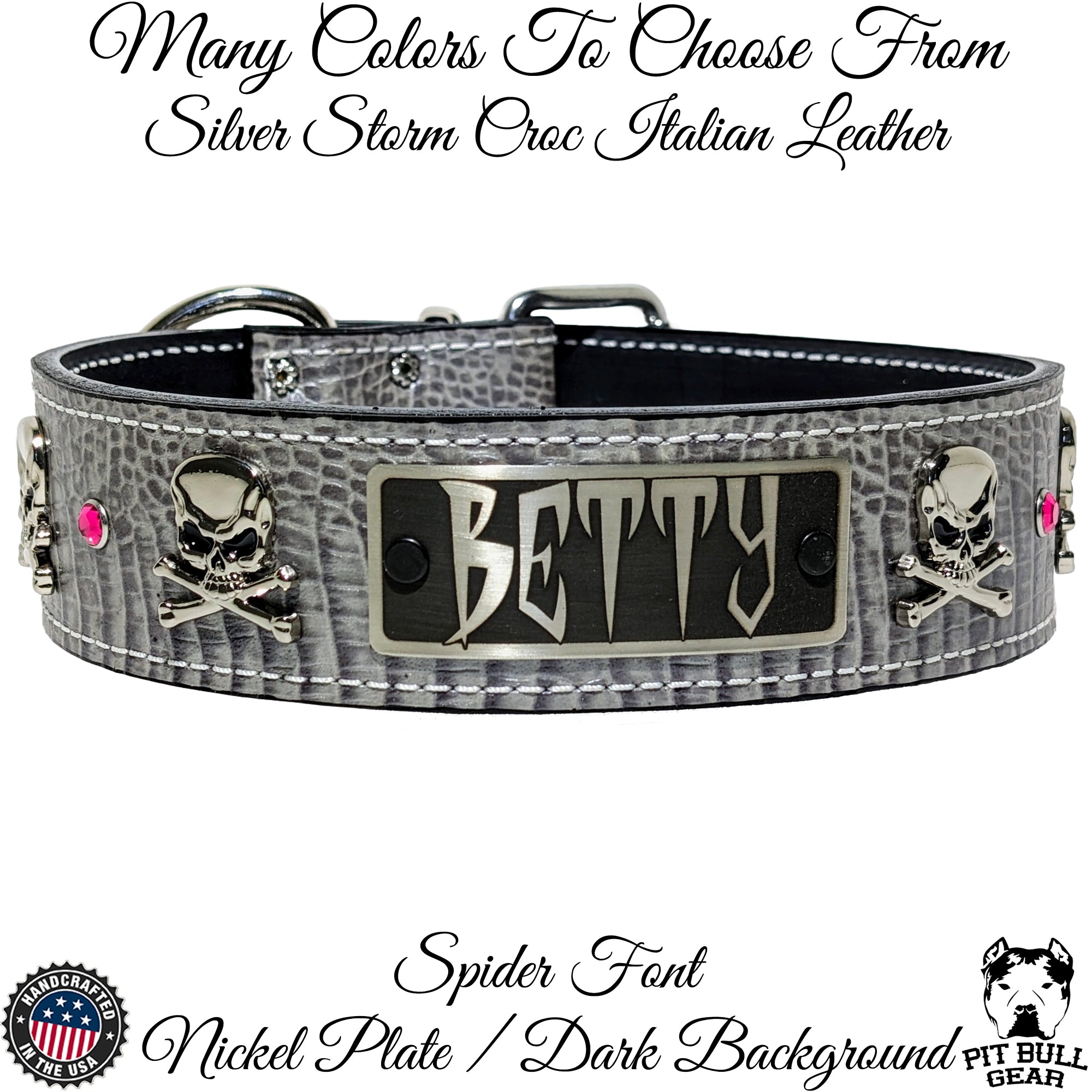 W33 - Collar de cuero para perro de 2" de ancho con calaveras y gemas